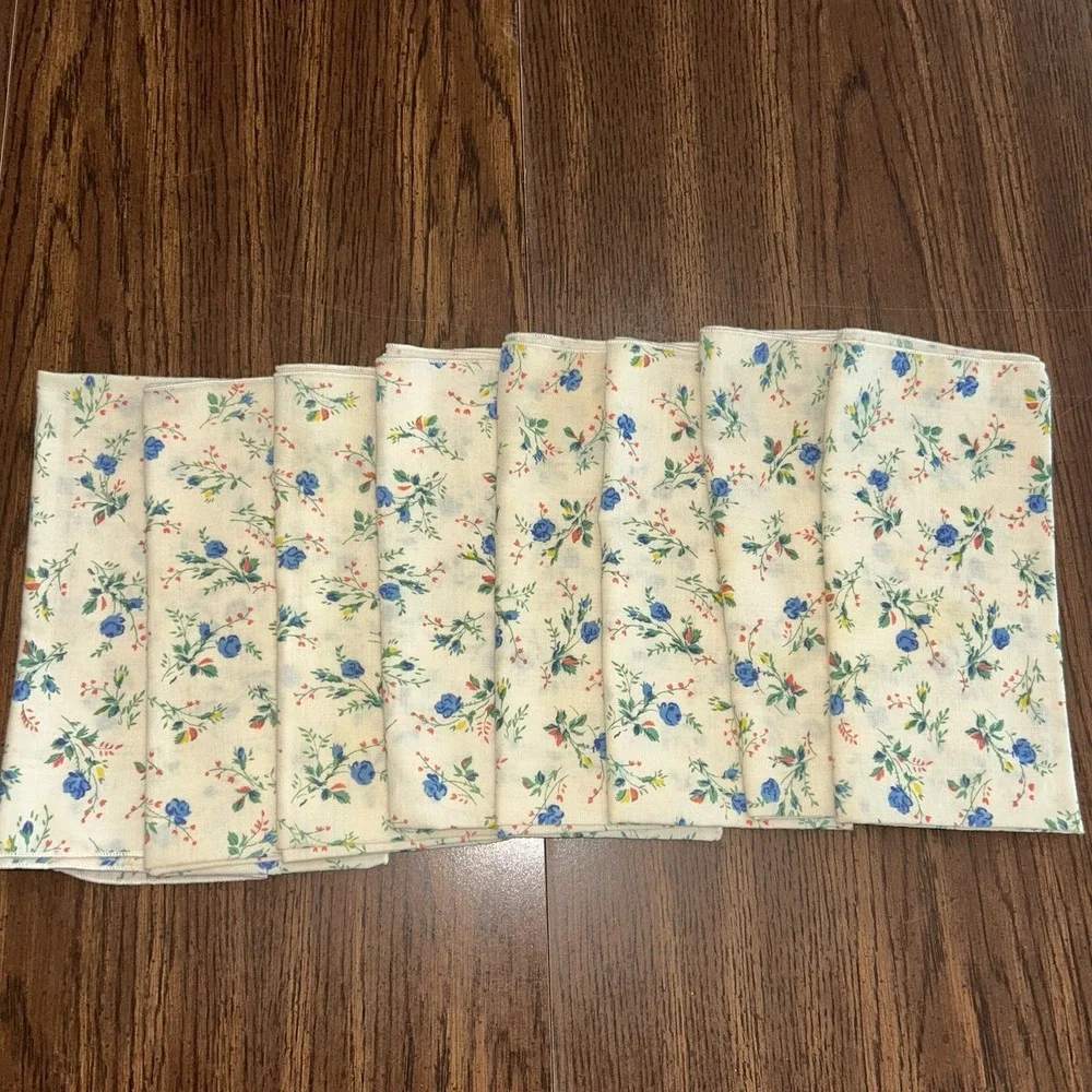 Vintage Floral Cloth Napkins Set Of 8 Blue Rose Country Table Cottage Decor
